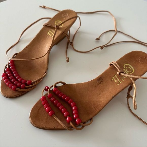 Vintage Red Beaded Leather Ankle Wrap Wedges - Picture 6 of 10